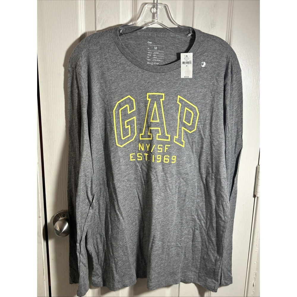 Gap Mens Long Sleeve Logo T-Shirt Heather Gray Crew Neck Size M NWT